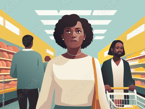 Woman shopping in supermarket aisle, grocery store, consumerism illustration