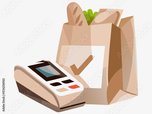 Grocery shopping payment, paper bag with food, POS terminal, retail, e-commerce