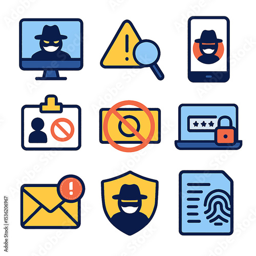 Collection of cybersecurity icons displaying threats, warnings, and secure access concepts.