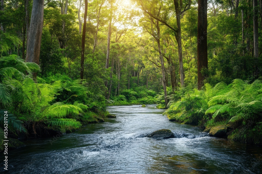 Obraz premium Exploring a tranquil river flowing through the lush tropical jungle wilderness of Tasma, River in tropical jungle forest Wilderness of Tasmania and nature destinations