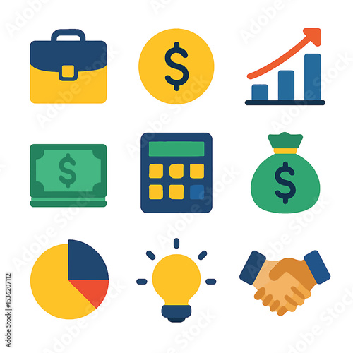Collection of financial icons representing business, investment, and success.