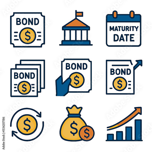 A set of icons representing bonds, maturity dates, a bank building, money bags, and financial growth.