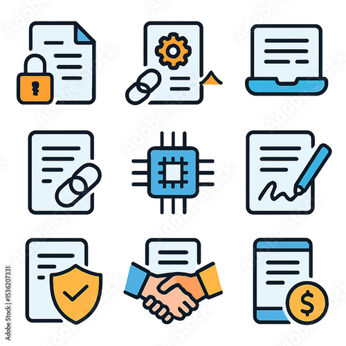 Set of nine icons representing digital documents, security, agreements, and technology concepts.
