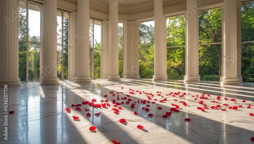 Sunlit colonnade, scattered rose petals (1)