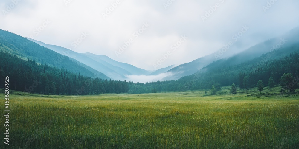 Fototapeta premium Misty mountain valley, grassy field