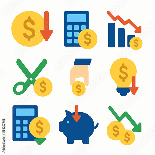 Colorful financial icons depicting concepts of money, savings, and economic decline.