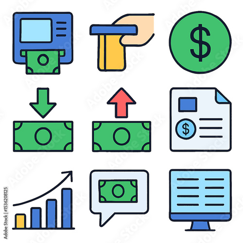 Illustrative icons depicting various aspects of financial transactions, including cash and banking.
