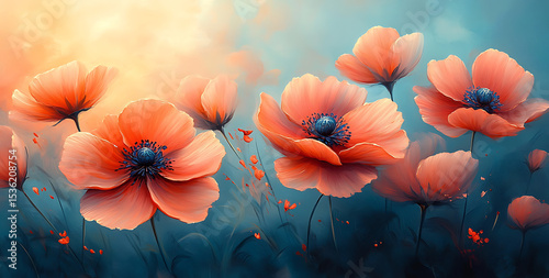 Coral Poppy Flower Mockup with Blue and Amber Dreamy Background

