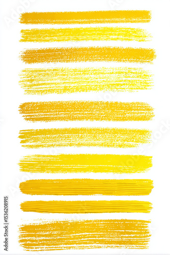A set of nine yellow paint brush strokes on a white background art piece