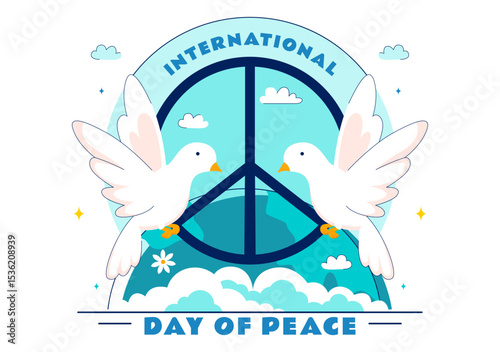 International Peace Day Vector Illustration Featuring Hands, Dove, Globe, and Blue Sky to Promote Prosperity Around the World in a Flat Background