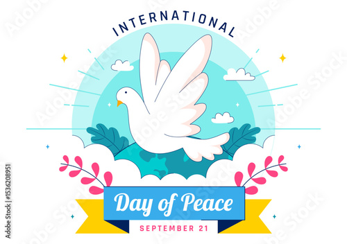 International Peace Day Vector Illustration Featuring Hands, Dove, Globe, and Blue Sky to Promote Prosperity Around the World in a Flat Background