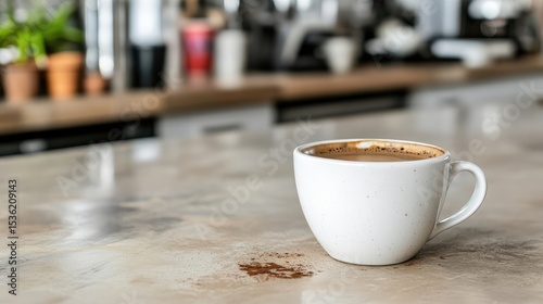 Aromatic coffee cup on counter, inviting atmosphere and brewing moment