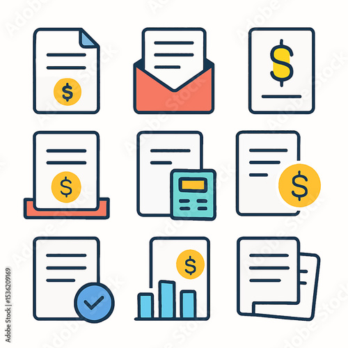 Collection of financial documents, bills, and invoices with dollar symbols.