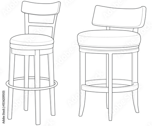 Set of Illustration of Bar chair perfect outline vector . Vector art customizable illustration. Night club, drinking establishment, pub furniture. Vector isolated drawing art. 
