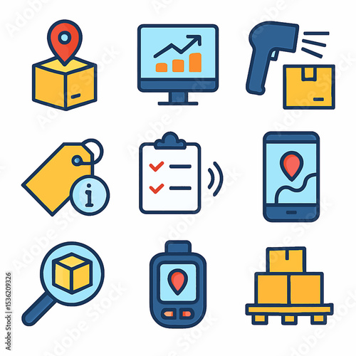 Nine shipping and logistics icons depicting tracking, scanning, data analysis, and delivery, arranged in a grid.