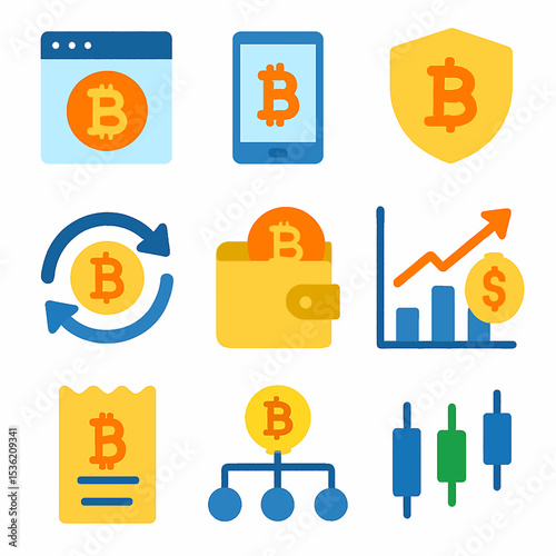 Bitcoin cryptocurrency icons depicting exchange, wallet, security, and growth charts.