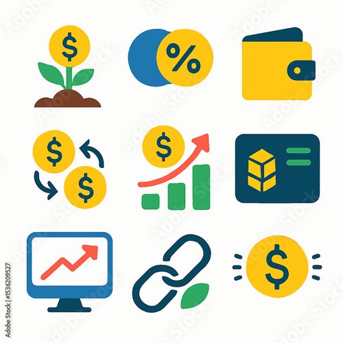 A collection of colorful icons representing financial growth, transactions, and investment.