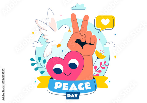 International Peace Day Vector Illustration Featuring Hands, Dove, Globe, and Blue Sky to Promote Prosperity Around the World in a Flat Background