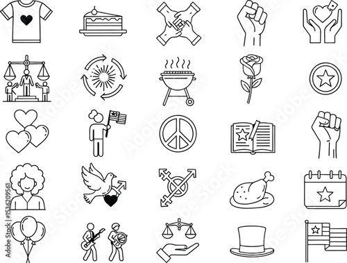 Juneteenth and Black History Line Icons 25 Set. Freedom and Equality Symbols. African American Culture and Celebration Outline Icons.