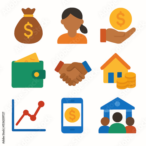 Financial icons depicting wealth, transactions, and investments.