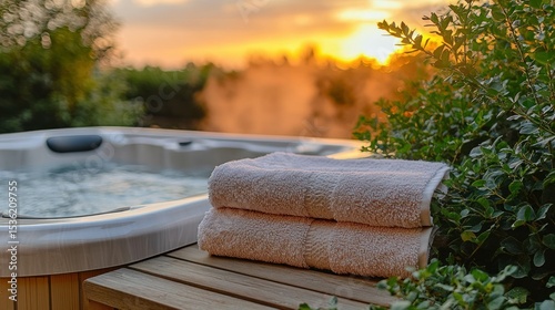 Relaxing hot tub sunset scene