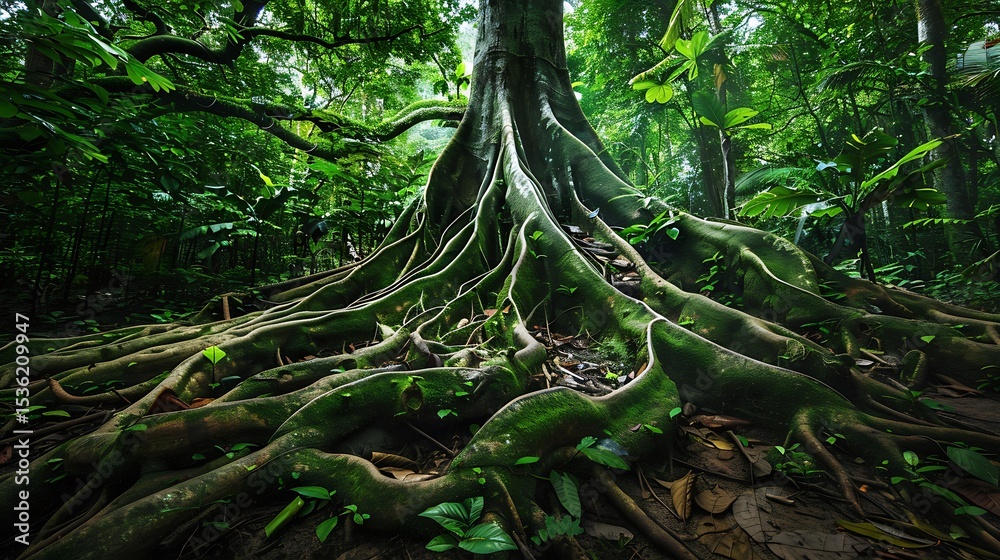 Fototapeta premium A jungle tree with a giant trunk and roots exposed