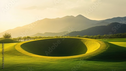 Golf course hole,  sunlit,  green valley