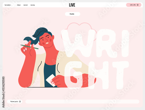 Writing people, modern flat vector concept illustration- sitting woman thoughtfully writing on paper, bubble near head Metaphor for reflection, personal insight, contemplation, creative expression