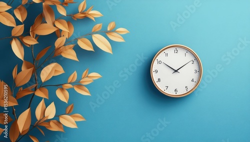 A muted, autumnal scene with leaves and clock