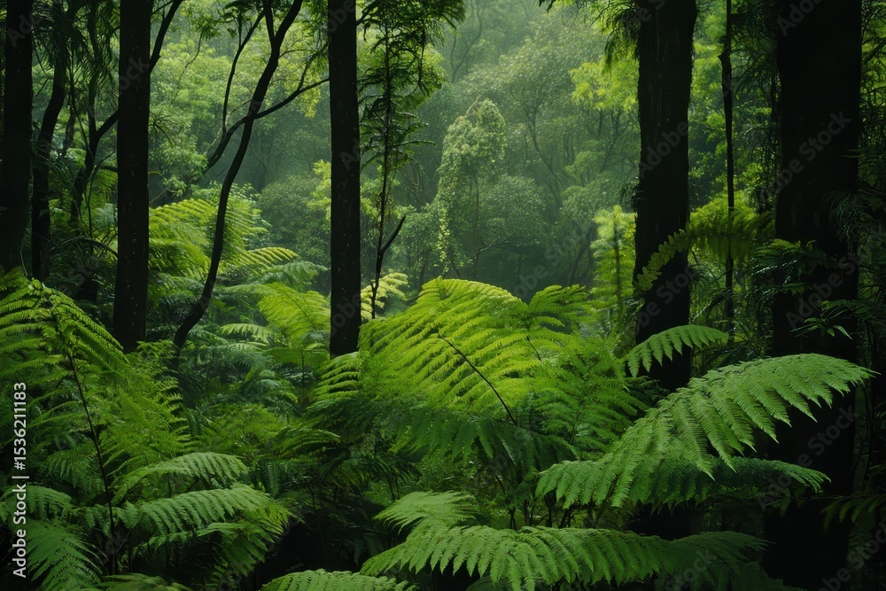 Fototapeta premium Explore the lush tropical forest of Tasmania filled with vibrant ferns and towering trees, Tropical forest of Tasmania Australia Ferns vegetation