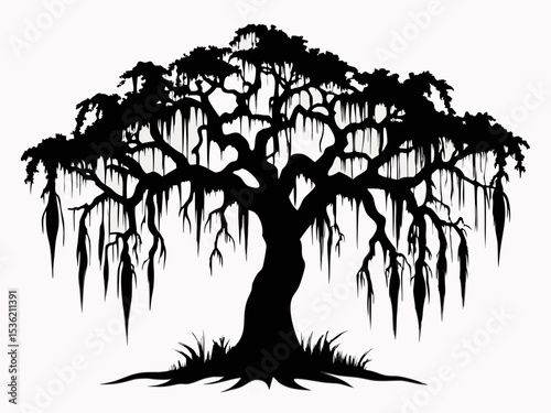 Spanish moss draping from live oak tree silhouette vector illustration