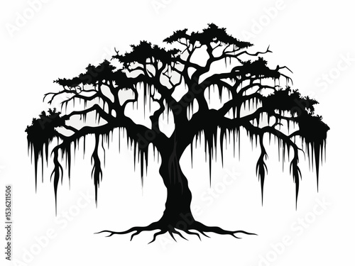 Spanish moss draping from live oak tree silhouette vector illustration