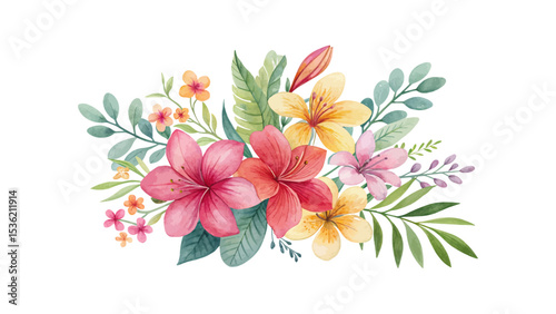 Beautiful and colorful watercolor illustration featuring roses, tulips, daisies and greenery on white background, perfect for cards, invitations and fabric designs