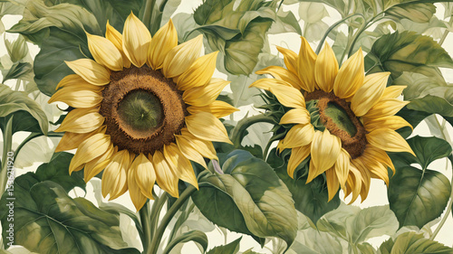 Elegant seamless pattern of blooming sunflowers with vintage foliage — Perfect for fabric, wallpaper, and botanical-themed designs.
