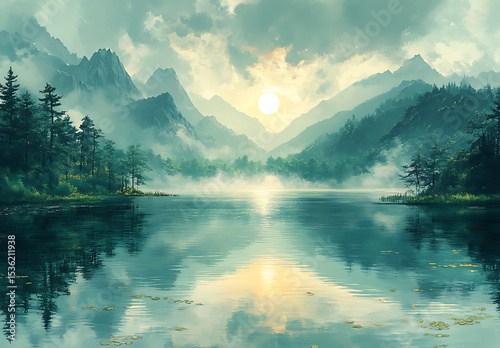 Misty Mountain Lake Mockup at Sunrise with Lush Trees

