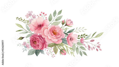 Beautiful floral arrangements of watercolor roses and leaves in botanical style ideal for wedding cards, fabric prints, logo decoration and elegant stationery design