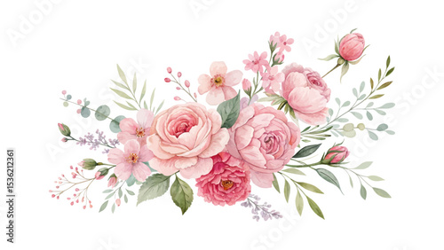 Pink watercolor floral design on white background with botanical decorative elements perfect for wedding cards, fabric patterns, and stylish logo compositions with elegance and softness