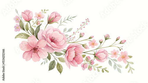 Romantic pink watercolor floral wedding illustration on white background featuring delicate blossoms, elegant leaves, and soft textures perfect for design elements