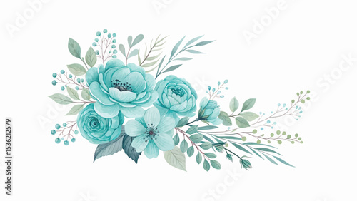 Elegant watercolor bouquet of teal green roses and leafy botanical elements on transparent background perfect for wedding invitations, fabric, and digital design compositions