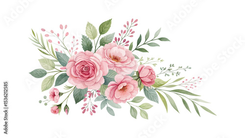 Botanical watercolor arrangement collection featuring roses, pink garden flowers, leaves, and floral branches isolated on white background ideal for cards, fabric, and invites