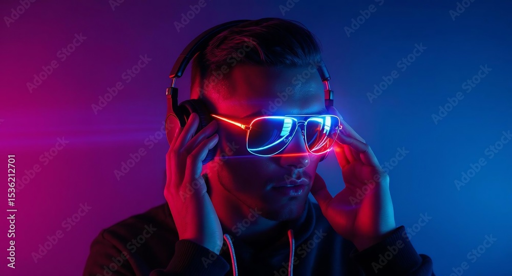 Neon Man: Futuristic Headphones and Glasses Neon Man: Futuristic Headphones and Glasses