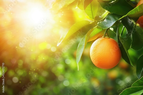 Ripe orange illuminated by sunlight among lush green leaves on a sunny day in an orchard, Ripe orange hanging on tree with sunlight and green leaves
