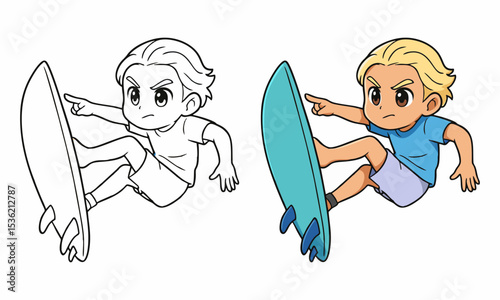 cute boy surfing coloring page for kids
