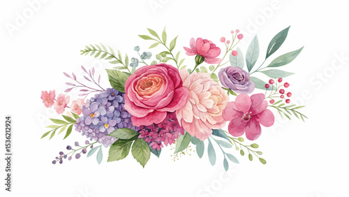 Romantic watercolor pink rose flower and leaf bouquet featuring borders, wreaths, and frames for wedding, birthday, and greeting card decoration