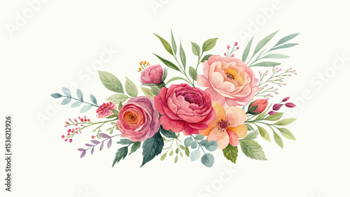 Delicate watercolor pink floral bouquet composition with botanical elements, perfect for wedding designs, invitations, and elegant greeting card artwork
