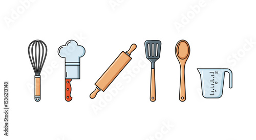 Illustration of kitchen utensils including a whisk, chef's hat, rolling pin, and measuring cup for baking