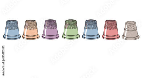 A collection of seven colorful thimbles arranged in a row on a white background in a simple illustration