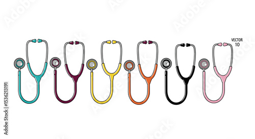 A colorful array of stethoscopes lined up in a row showcasing various colors and medical equipment design