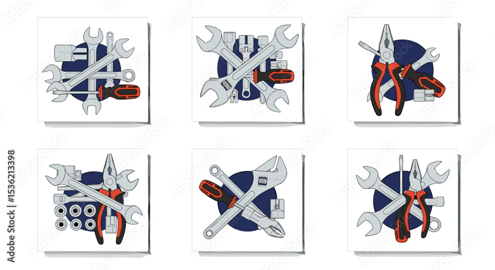 Fototapeta premium Collection of six cards displaying various arrangements of tools such as wrenches and pliers on white