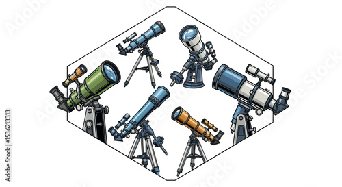 Illustration showing a collection of various telescopes on tripods inside a white outlined hexagon shape